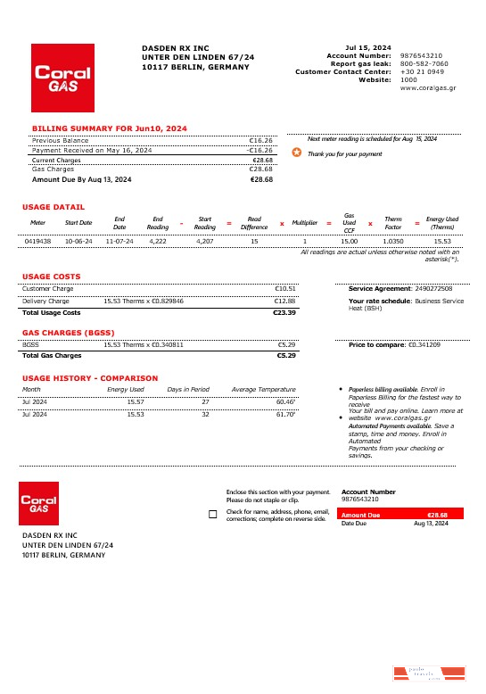 Greece CORAL GAS business utility bill template in Word and PDF formats